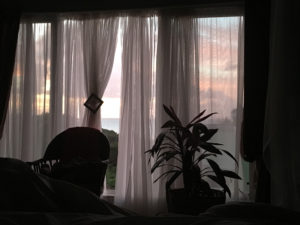 Looking at dawn through the bedroom windows at Villa Caribella.